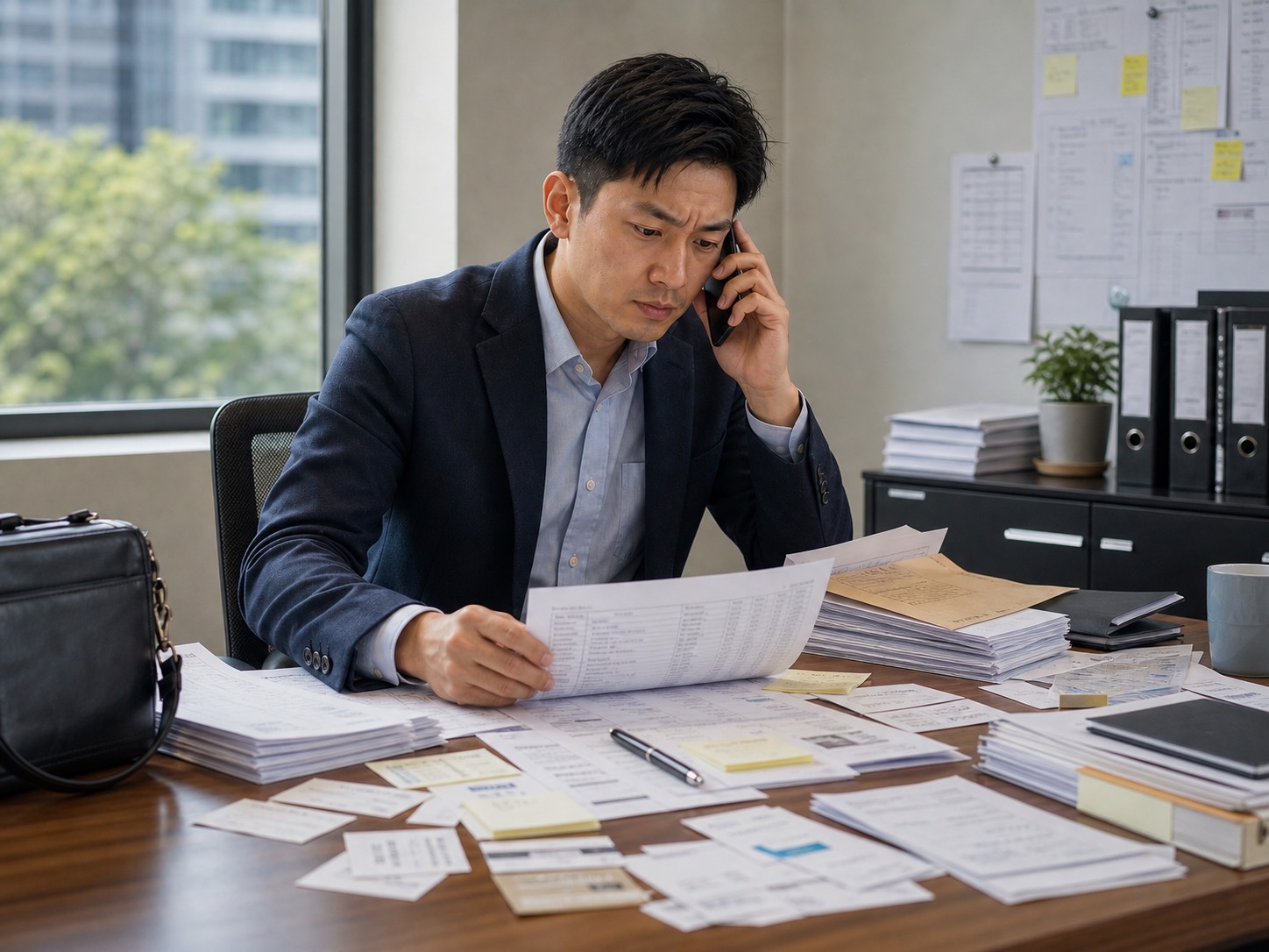 業務一邊講電話一邊翻找紙本名單