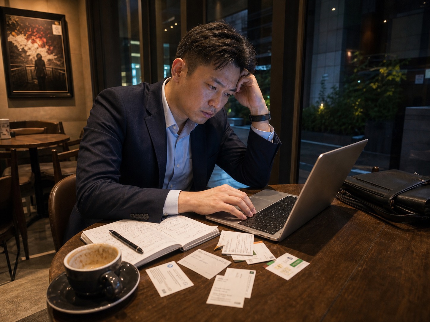 業務晚上在客戶樓下咖啡廳整理名片並輸入 CRM