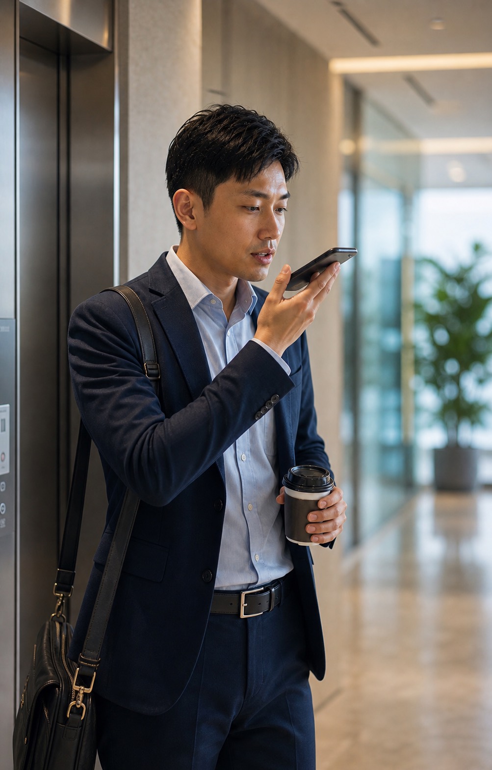 業務拜訪後在走廊拿著手機語音輸入 CRM